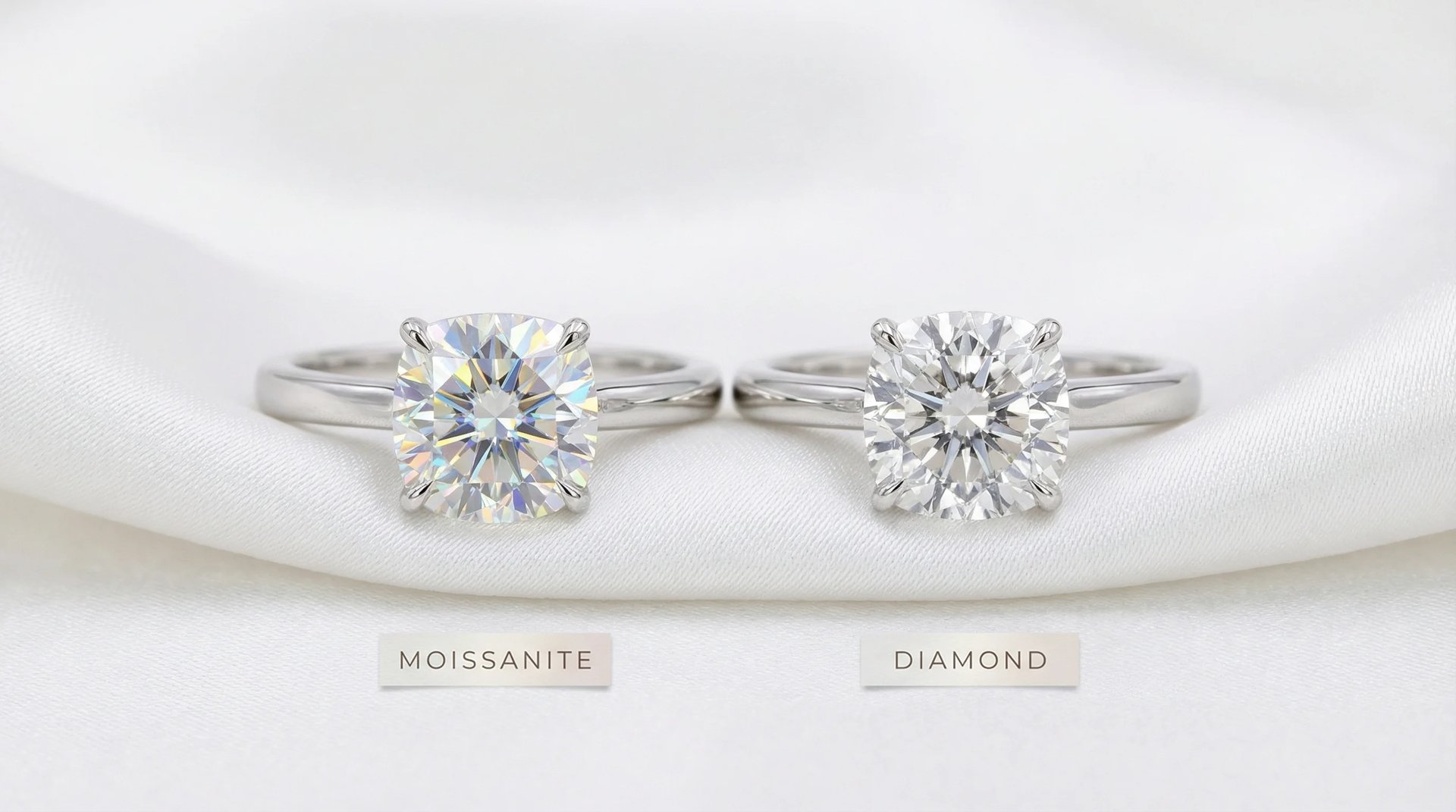 Side by side comparison of moissanite and diamond rings
