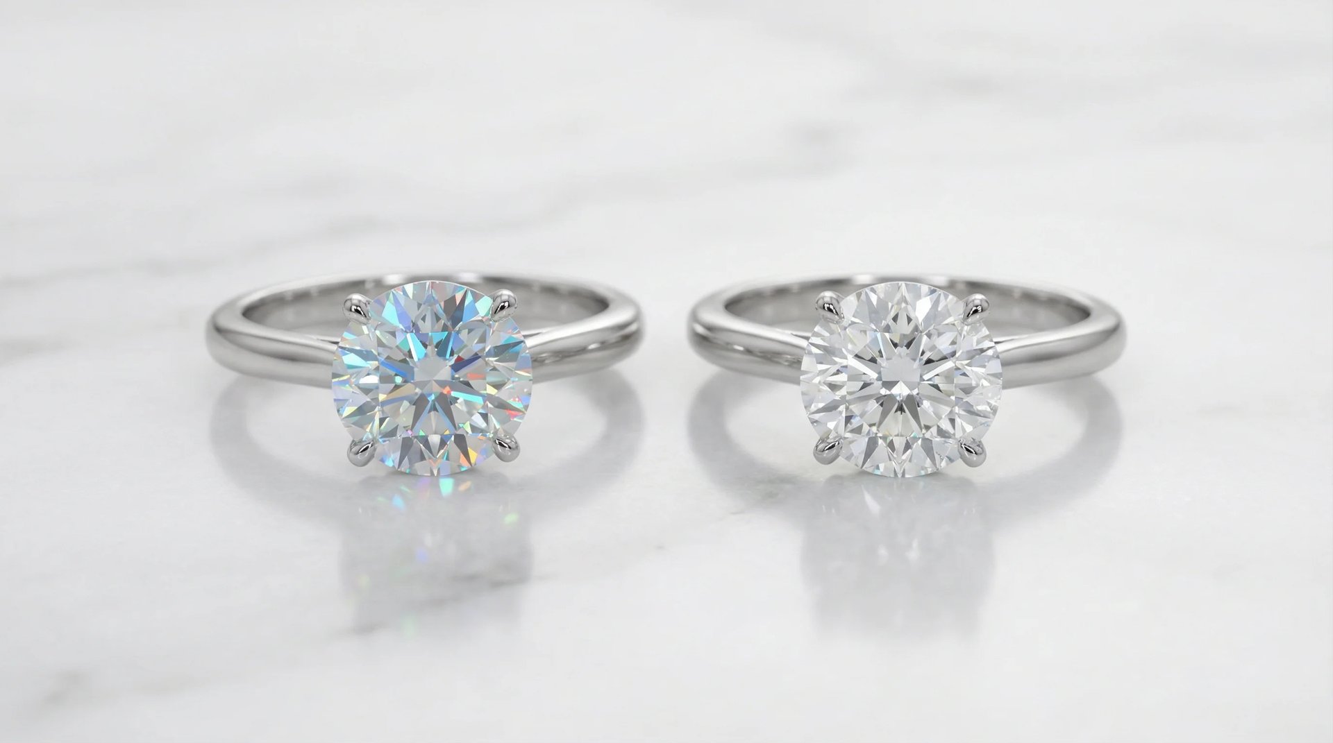 Side by side comparison of moissanite and lab-grown diamond rings