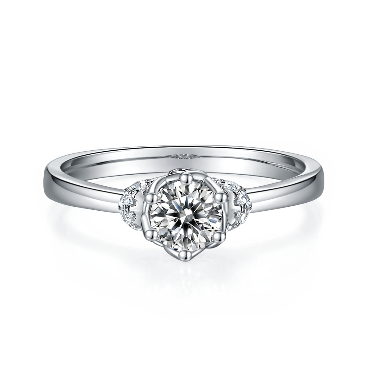 Crowned Round Moissanite Solitaire Ring with Pave Accents - Image 2