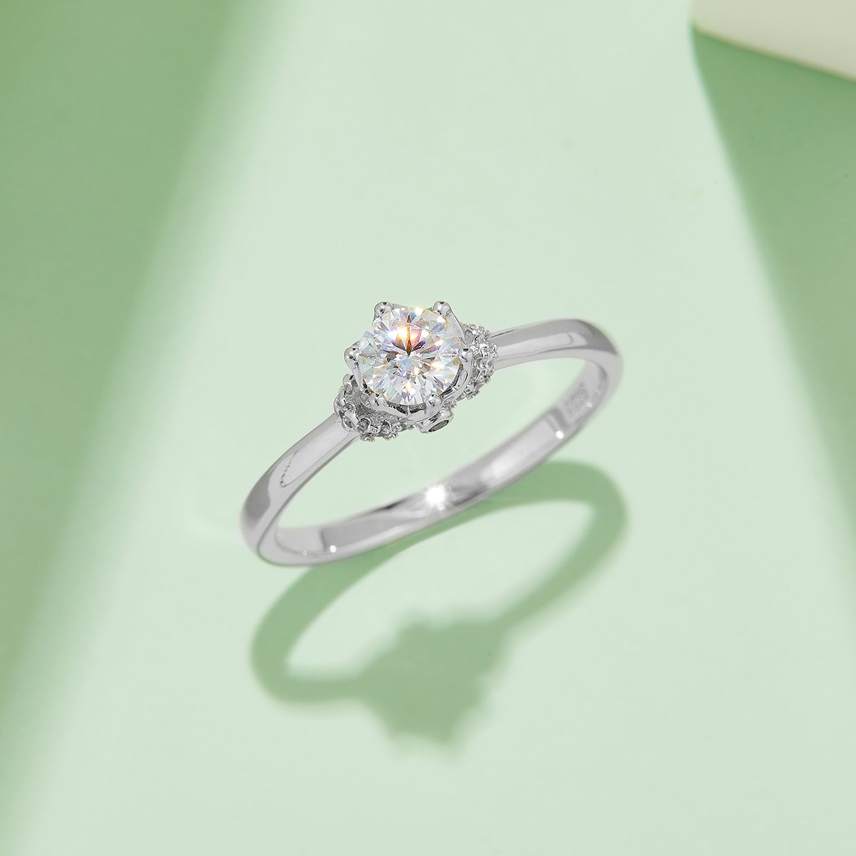 Crowned Round Moissanite Solitaire Ring with Pave Accents - Image 4