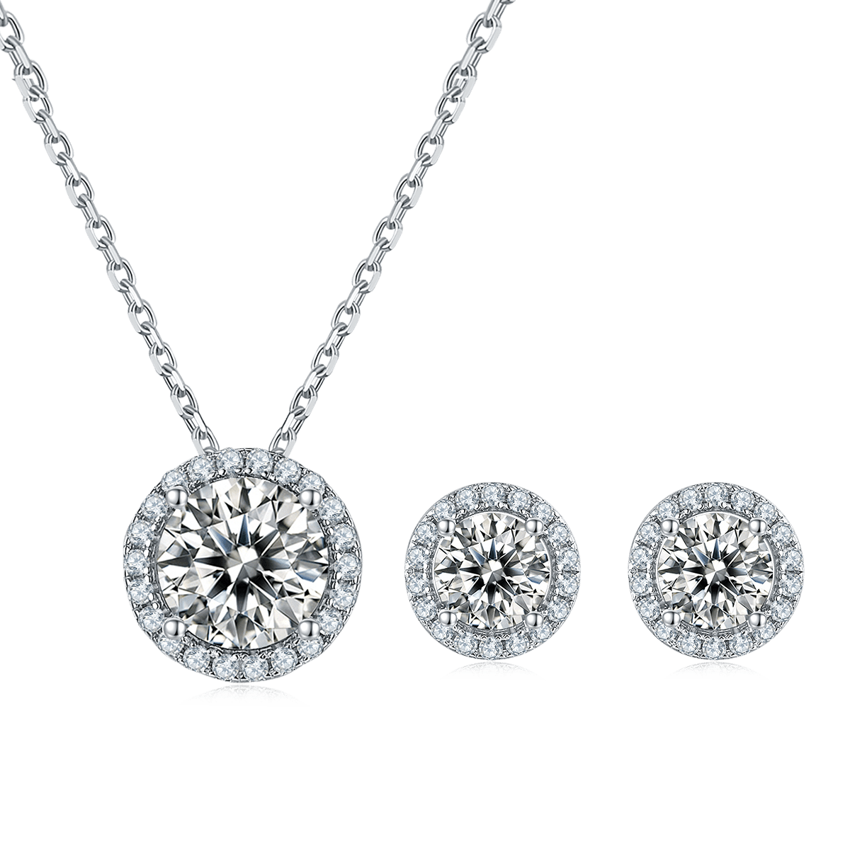 Round Pavé Halo Moissanite Necklace & Earrings Set