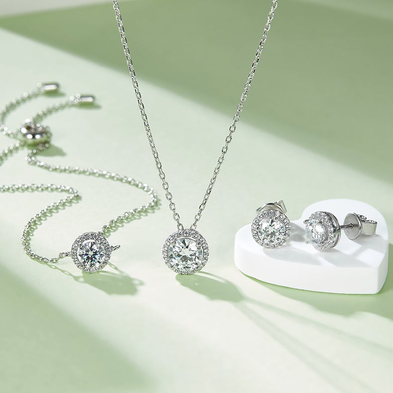 Round Pavé Halo Moissanite Necklace & Earrings Set - Image 5