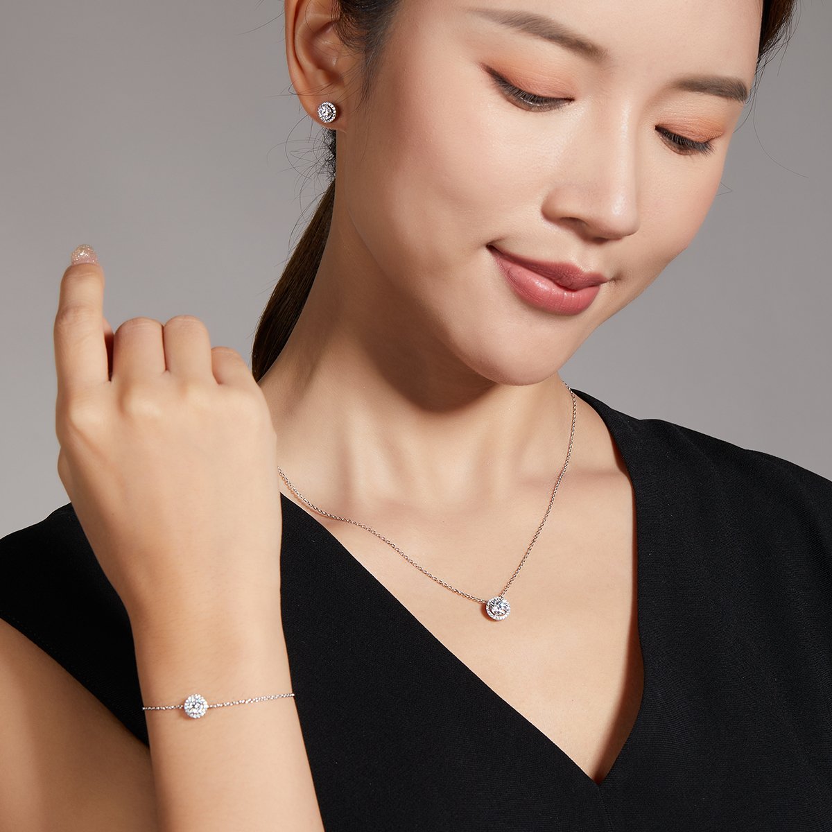 Round Pavé Halo Moissanite Necklace & Earrings Set - Image 9