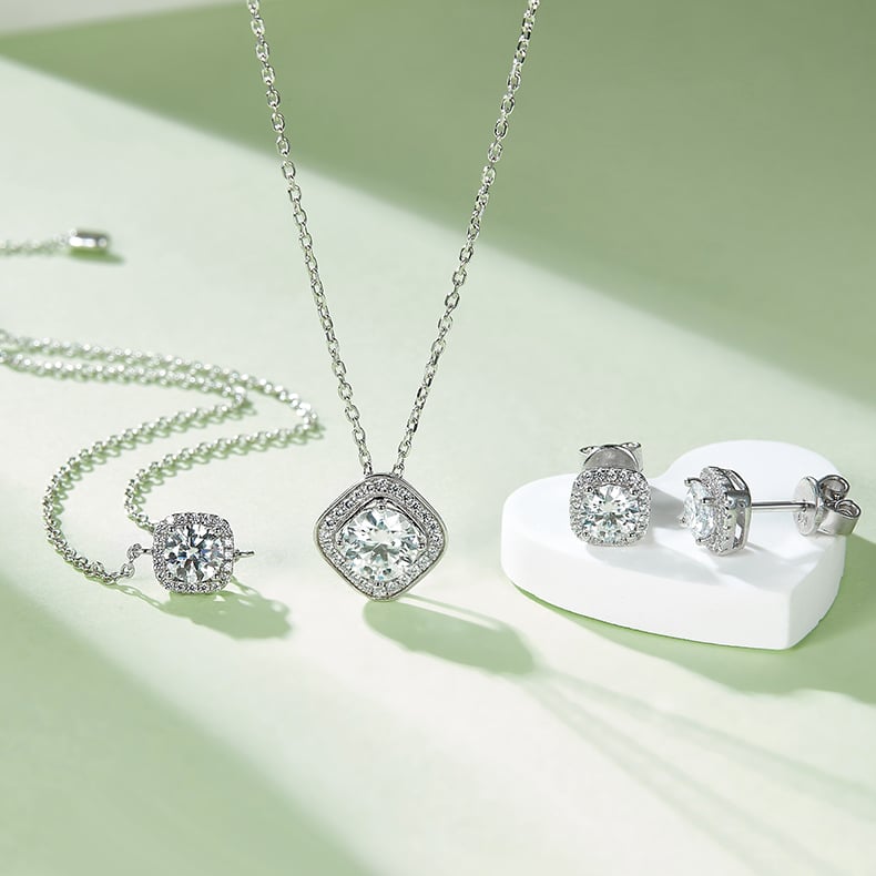 Cushion Halo Moissanite Necklace & Earrings Set - Image 5