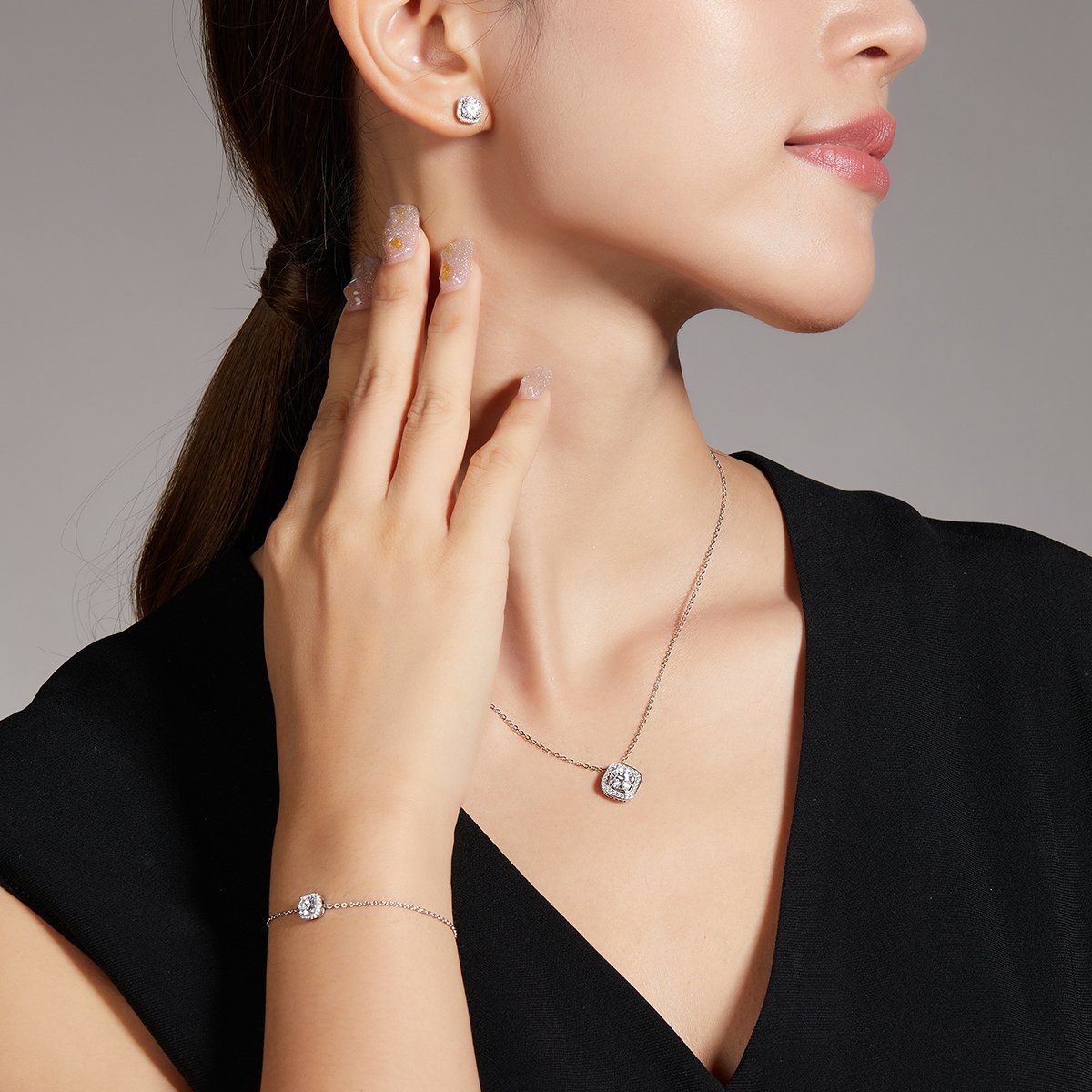 Cushion Halo Moissanite Necklace & Earrings Set - Image 9