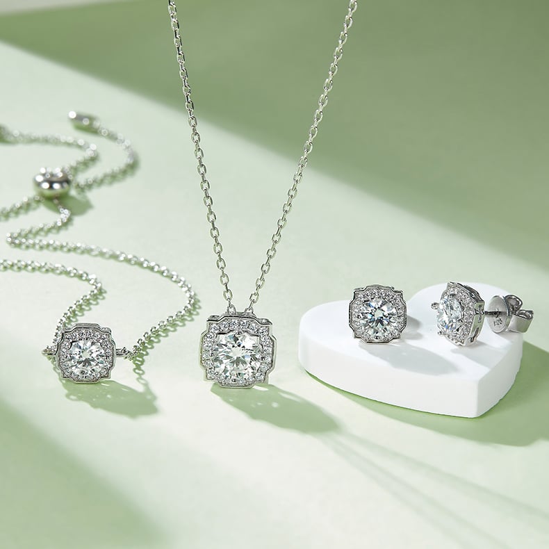 Vintage Halo Moissanite Necklace & Earrings Set - Image 5