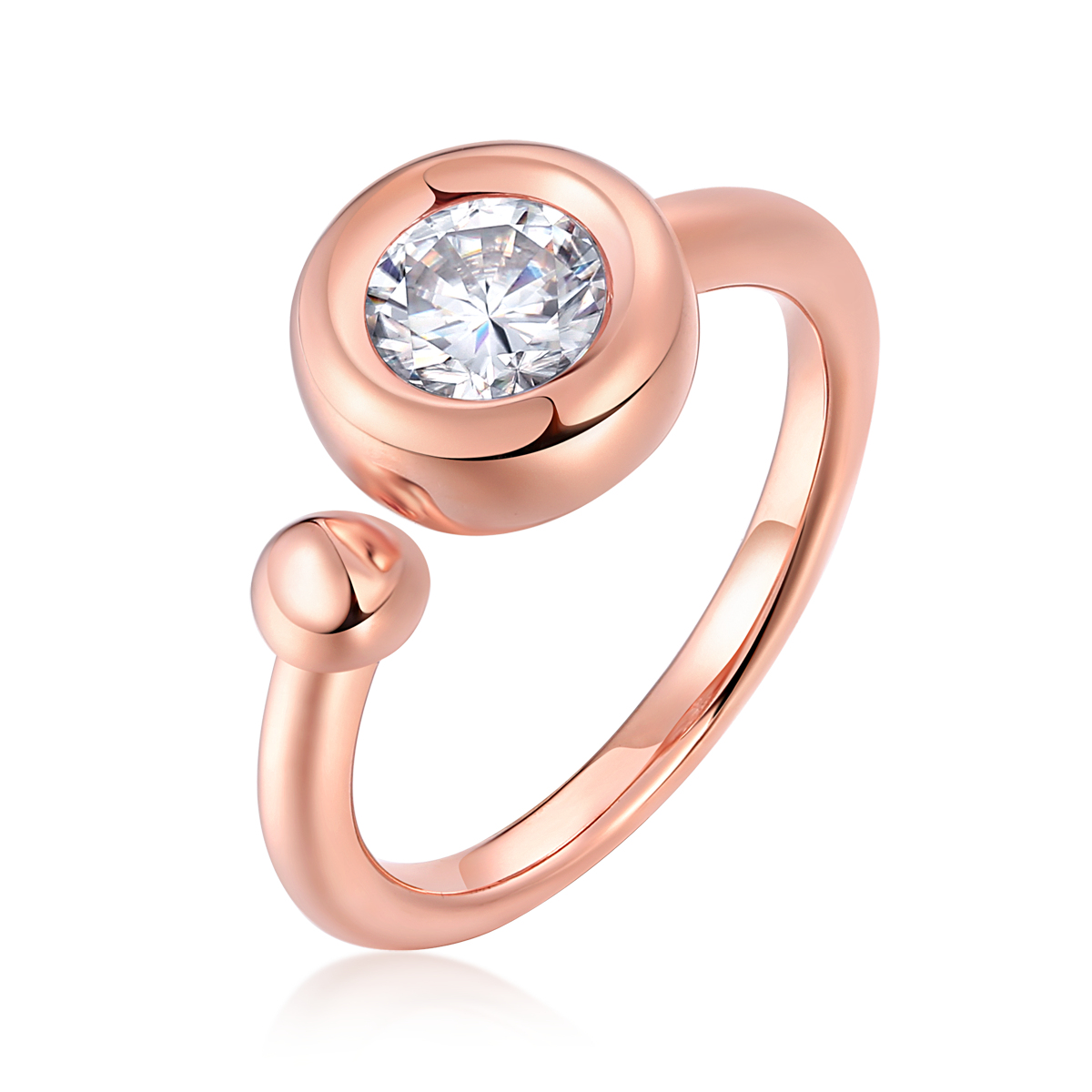 Round Moissanite Bubble Bezel Open Ring in Rose Gold