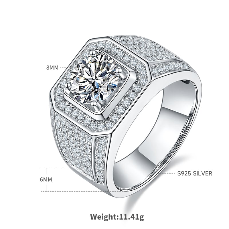 Men's 2ct Round Moissanite Halo Ring | Pavé Wide Band