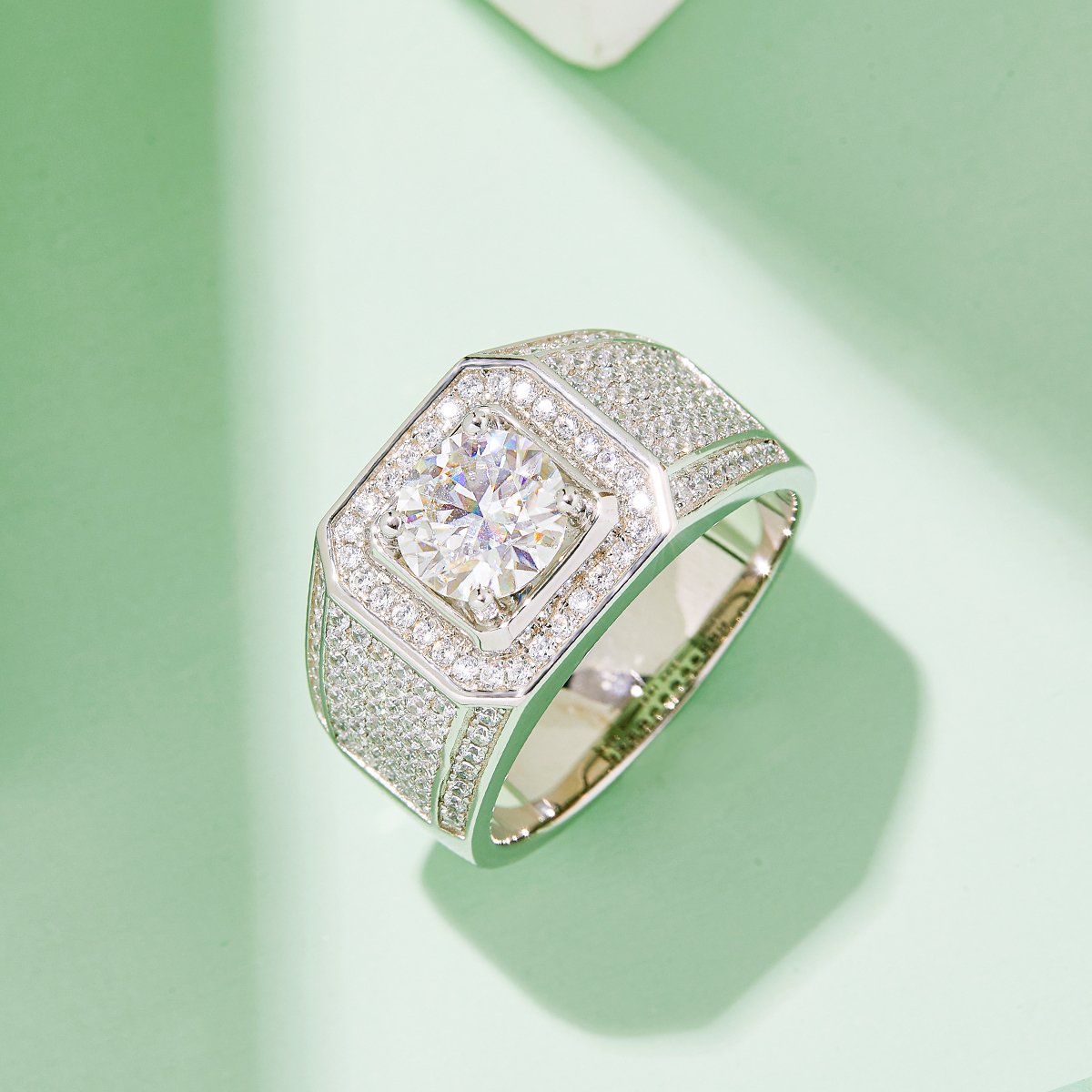 Men's 2ct Round Moissanite Halo Ring | Pavé Wide Band - Image 2