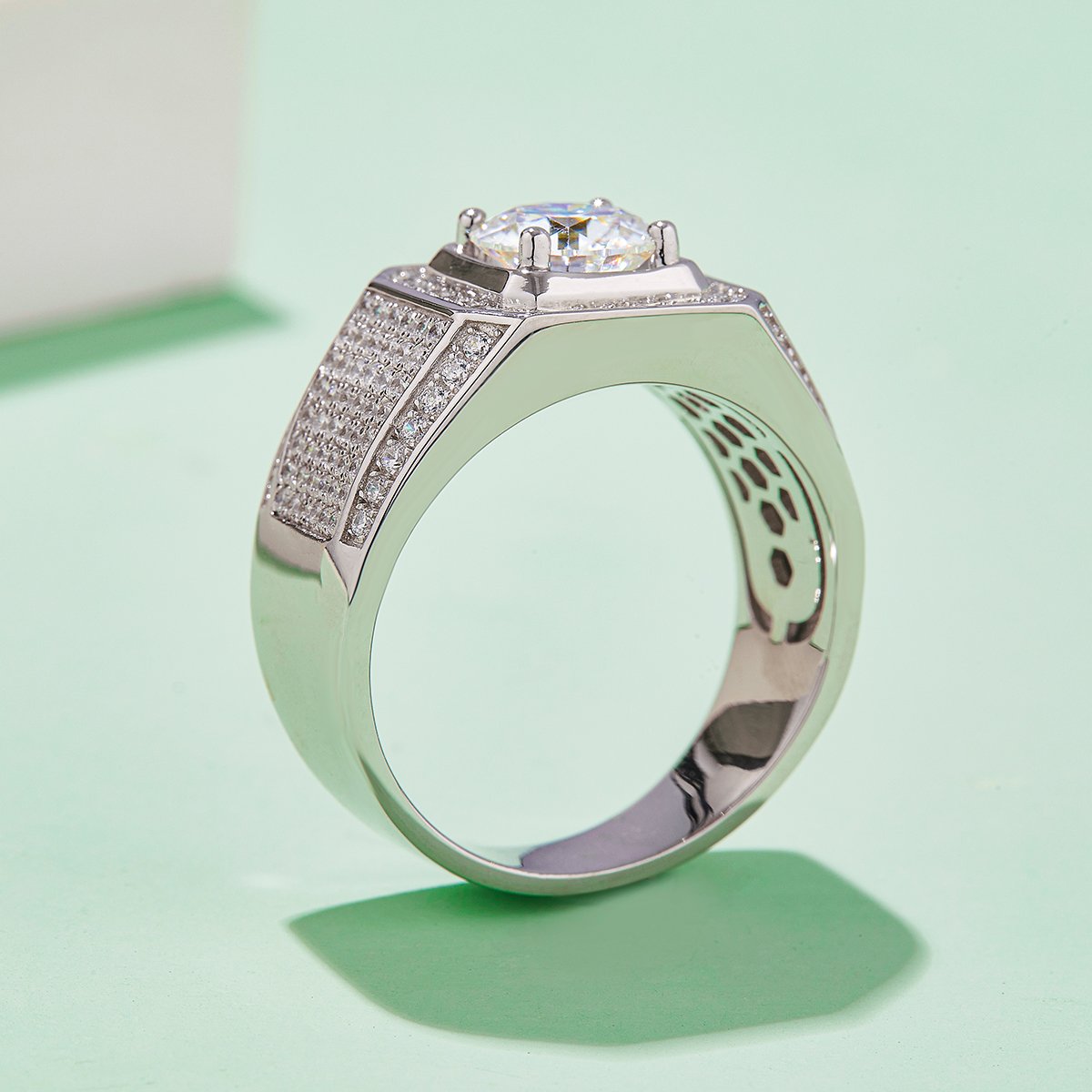 Men's 2ct Round Moissanite Halo Ring | Pavé Wide Band - Image 3