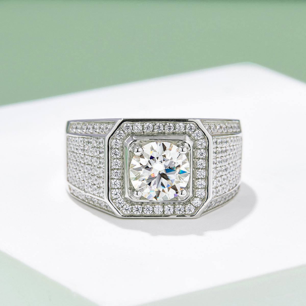 Men's 2ct Round Moissanite Halo Ring | Pavé Wide Band - Image 4