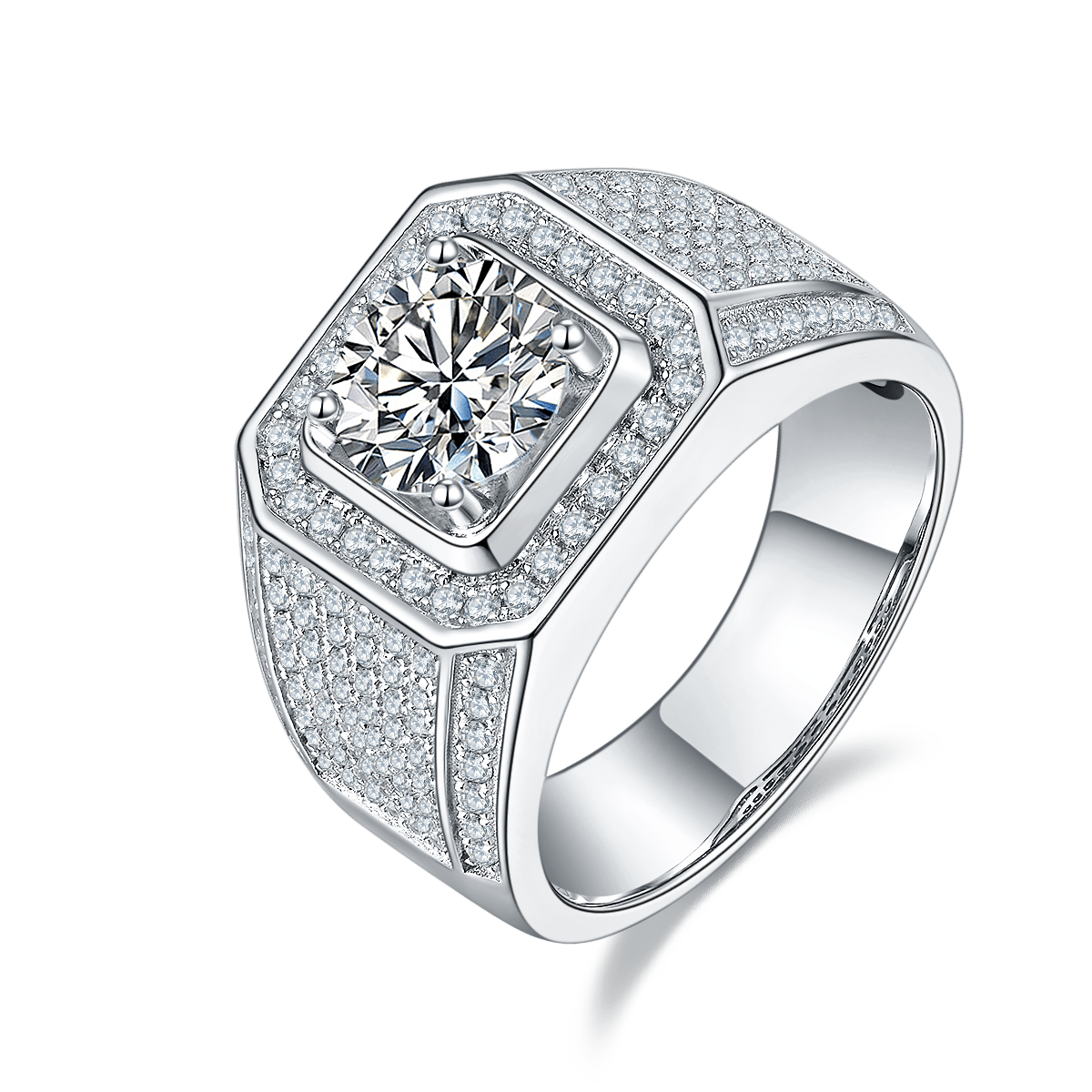 Men's 2ct Round Moissanite Halo Ring | Pavé Wide Band - Image 5