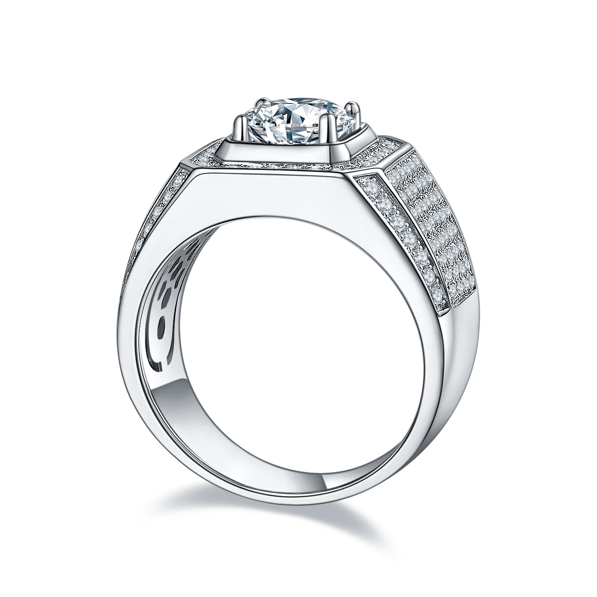 Men's 2ct Round Moissanite Halo Ring | Pavé Wide Band - Image 6