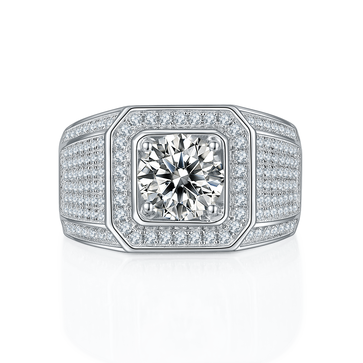 Men's 2ct Round Moissanite Halo Ring | Pavé Wide Band - Image 7