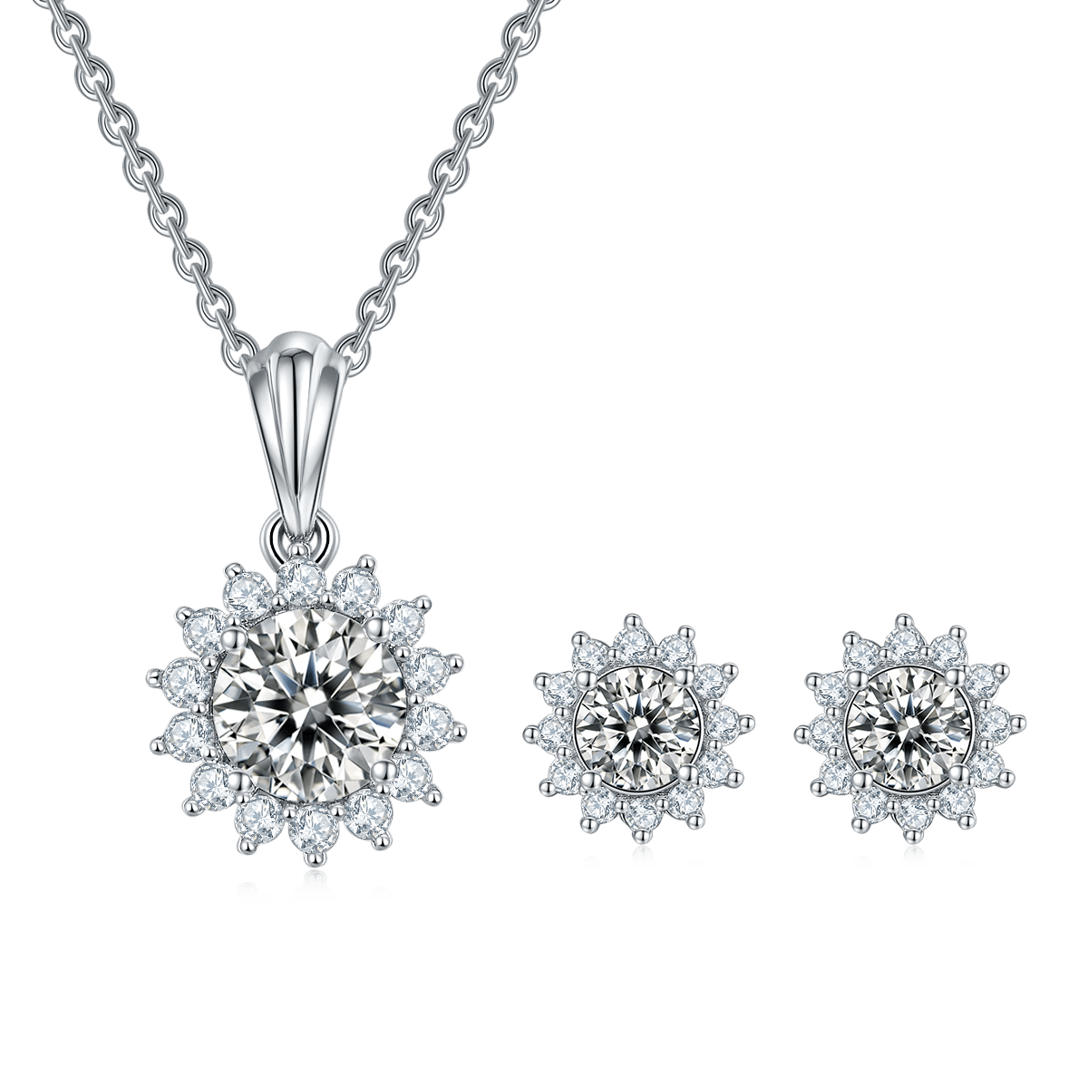 Sunflower Moissanite Necklace & Earrings Set | Round Halo | 925 Silver