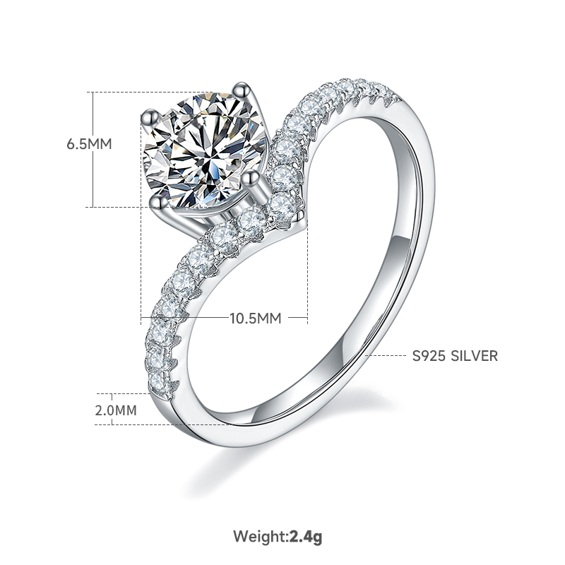 Round Moissanite Chevron Ring | 1ct DEW Pave Band | Sterling Silver