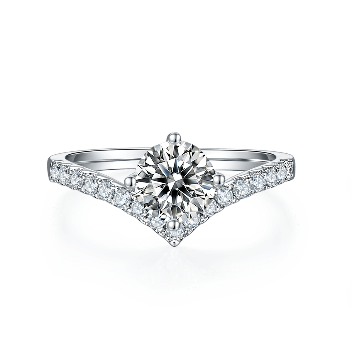 Round Moissanite Chevron Ring | 1ct DEW Pave Band | Sterling Silver - Image 2