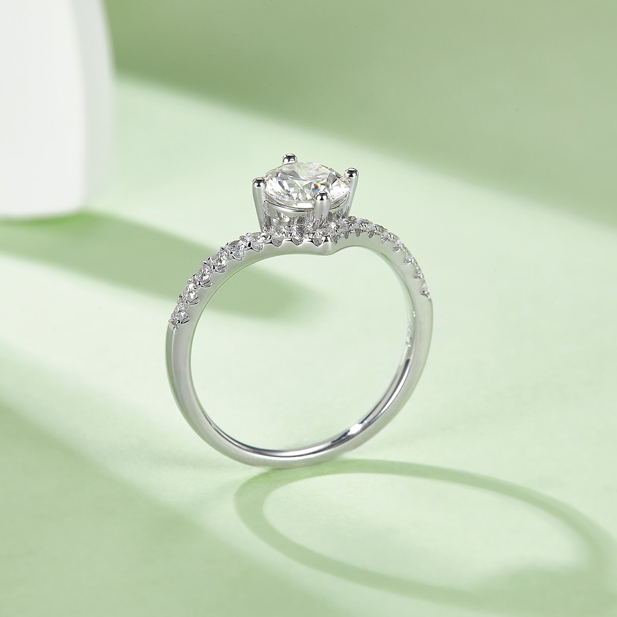 Round Moissanite Chevron Ring | 1ct DEW Pave Band | Sterling Silver - Image 5