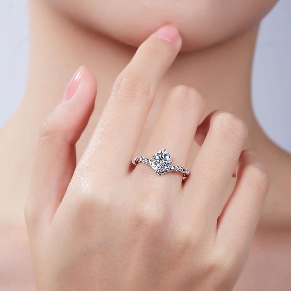 Round Moissanite Chevron Ring | 1ct DEW Pave Band | Sterling Silver - Image 8