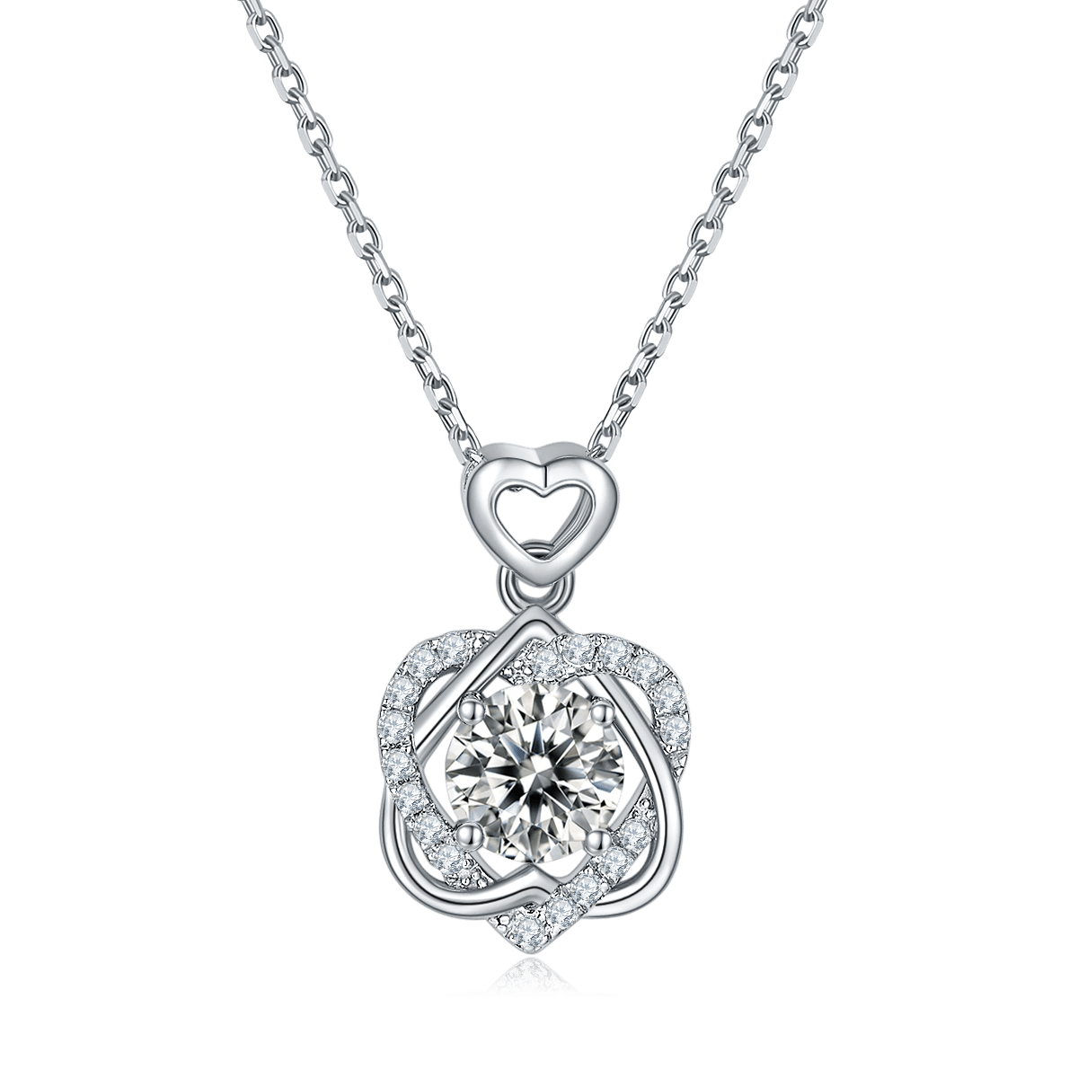 Rose Heart Moissanite Necklace - 1ct DEW Round Center, 925 Silver