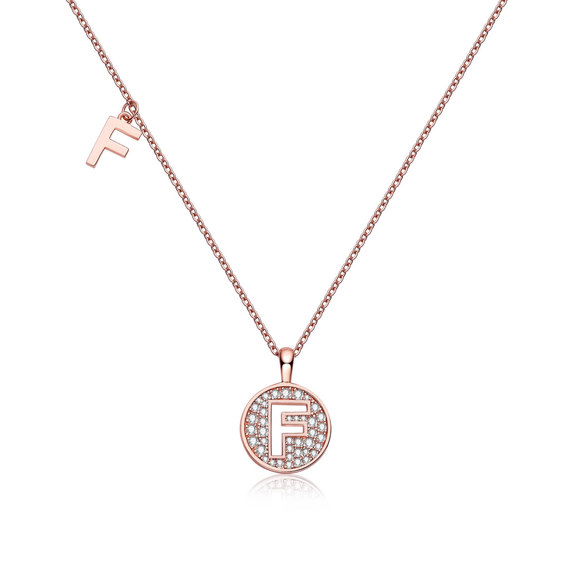 Letter F Pavé Disc Moissanite Necklace in Rose Gold - Image 2