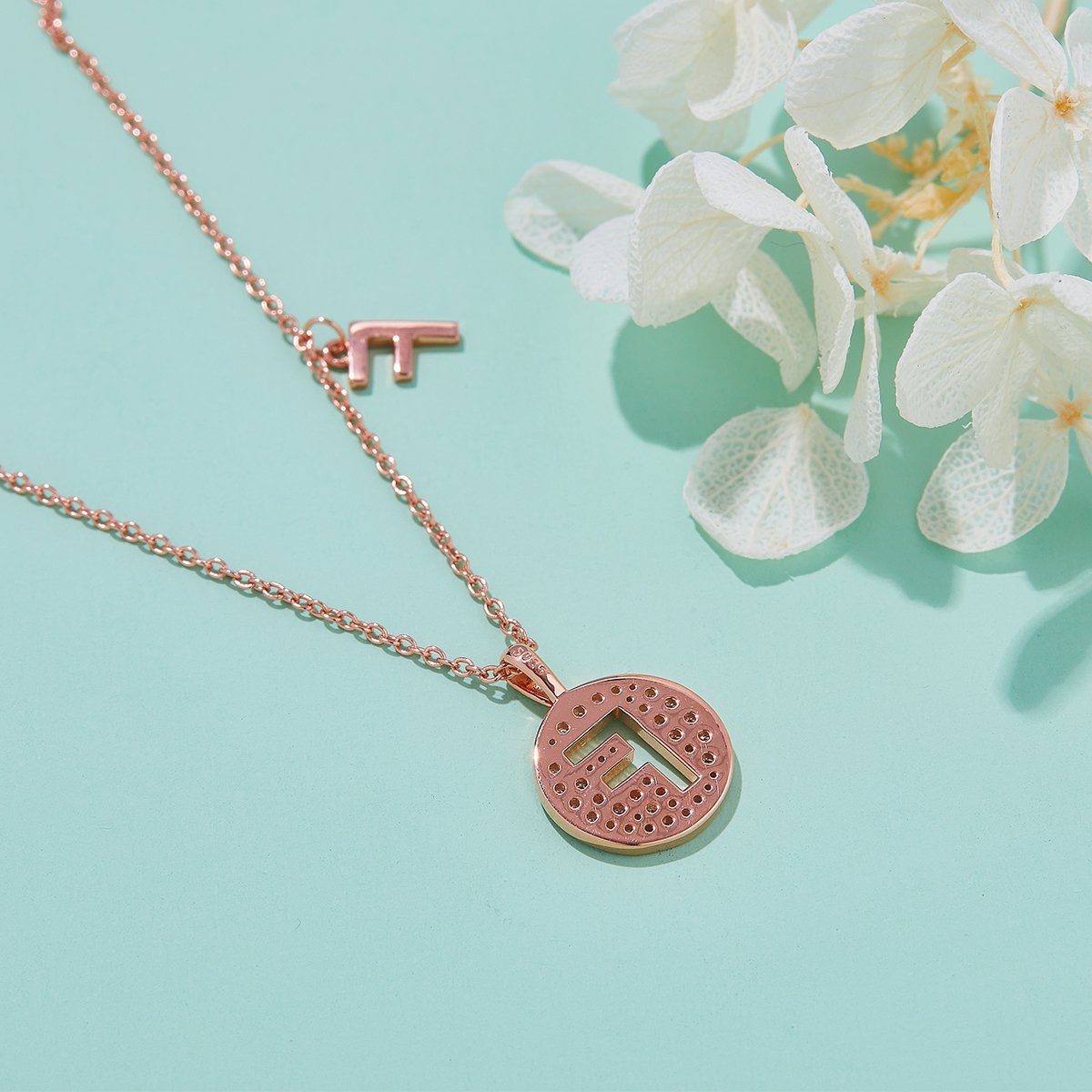 Letter F Pavé Disc Moissanite Necklace in Rose Gold - Image 5