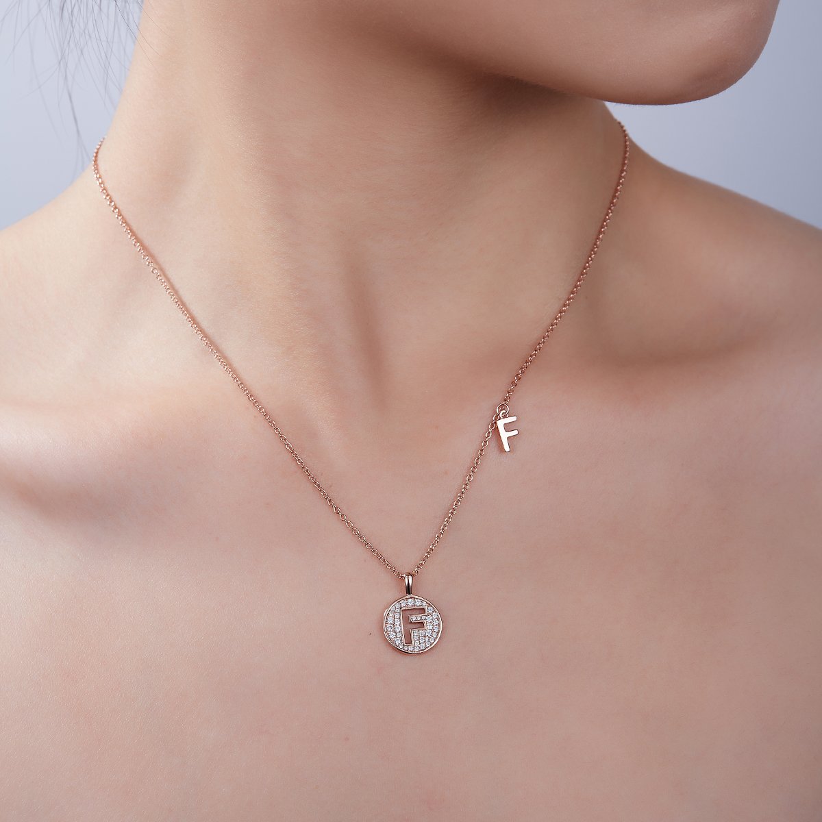 Letter F Pavé Disc Moissanite Necklace in Rose Gold - Image 6