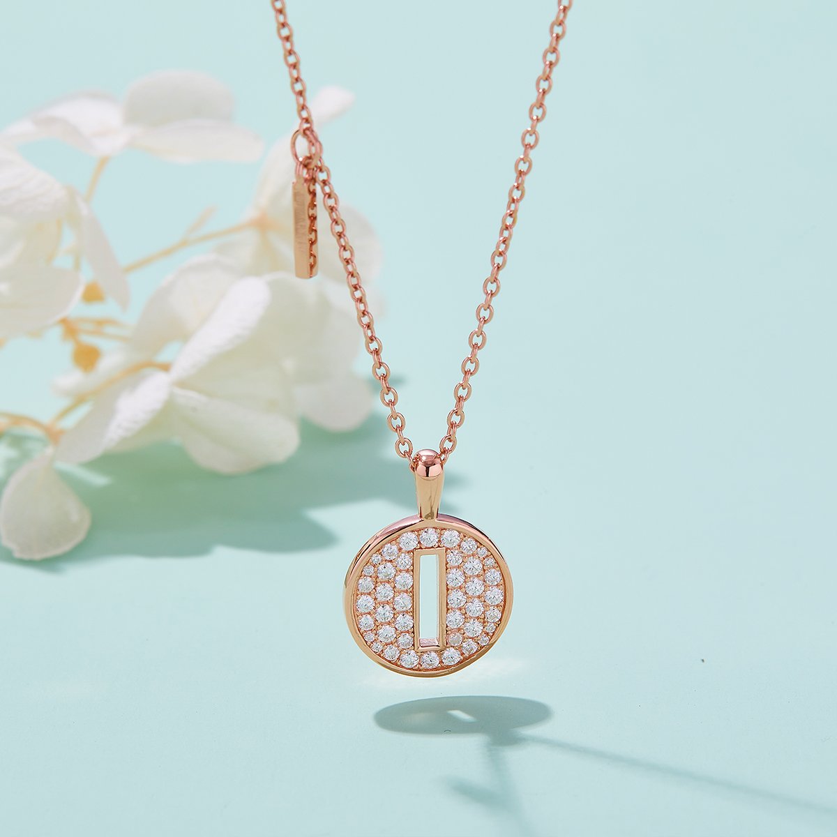 Letter I Pavé Disc Moissanite Necklace in 18K Rose Gold | 13mm Initial Pendant - Image 3