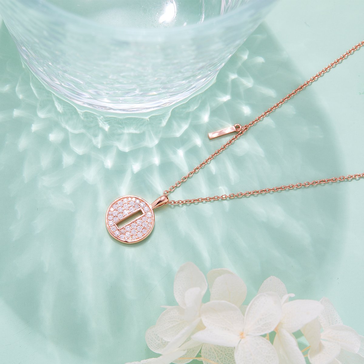 Letter I Pavé Disc Moissanite Necklace in 18K Rose Gold | 13mm Initial Pendant - Image 4