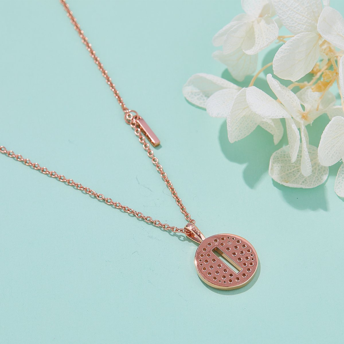 Letter I Pavé Disc Moissanite Necklace in 18K Rose Gold | 13mm Initial Pendant - Image 5