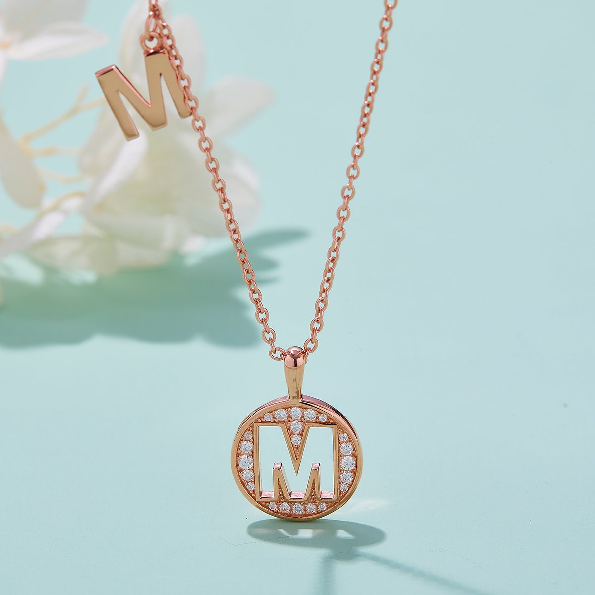 Rose Gold Initial M Medallion Pavé Moissanite Necklace - Image 3