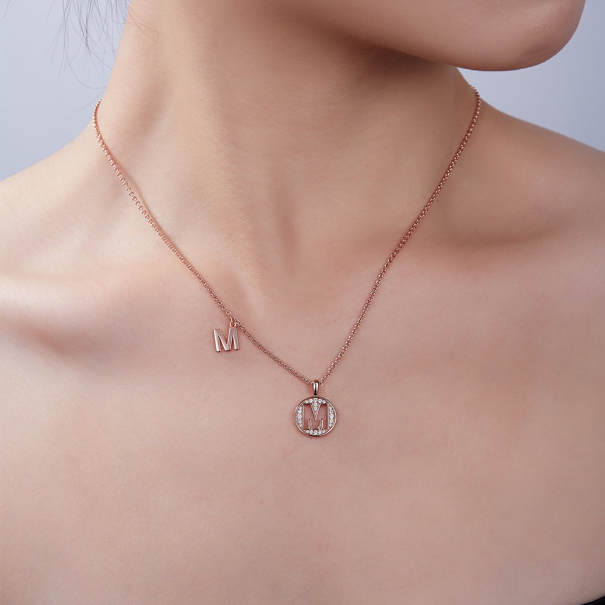 Rose Gold Initial M Medallion Pavé Moissanite Necklace - Image 6