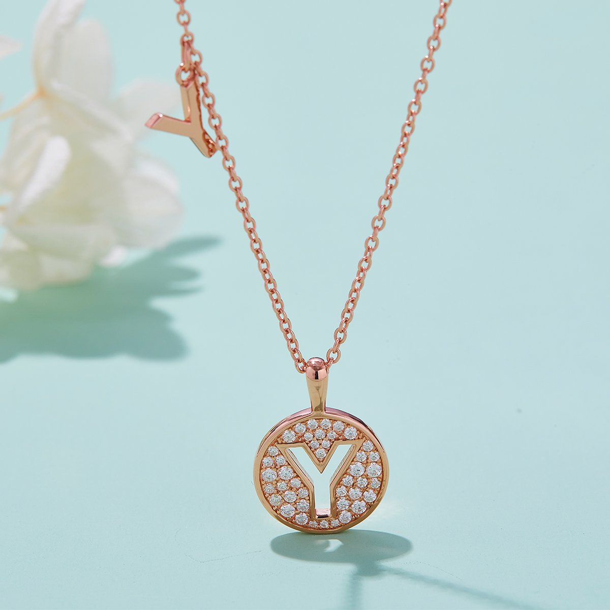Letter Y Pave Disc Moissanite Initial Necklace | Rose Gold 925 Silver - Image 3