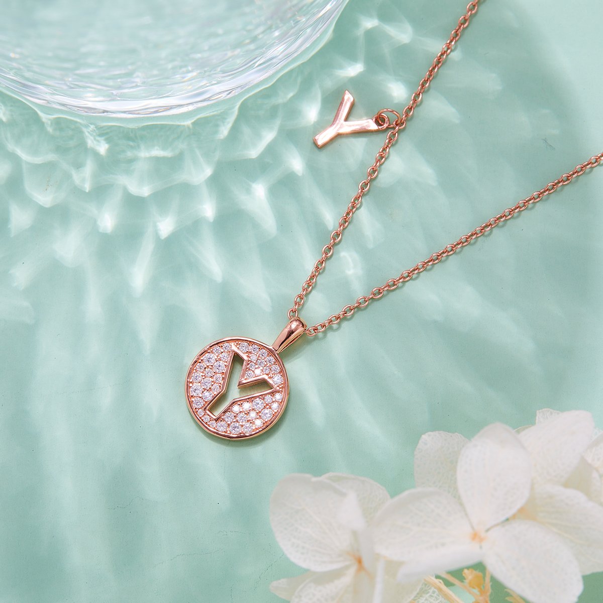 Letter Y Pave Disc Moissanite Initial Necklace | Rose Gold 925 Silver - Image 4