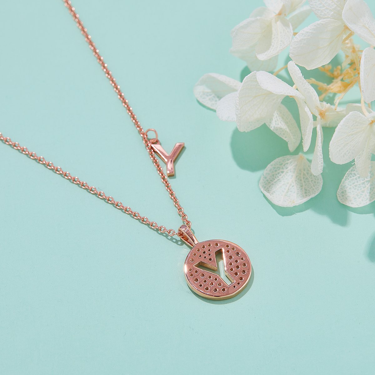 Letter Y Pave Disc Moissanite Initial Necklace | Rose Gold 925 Silver - Image 5