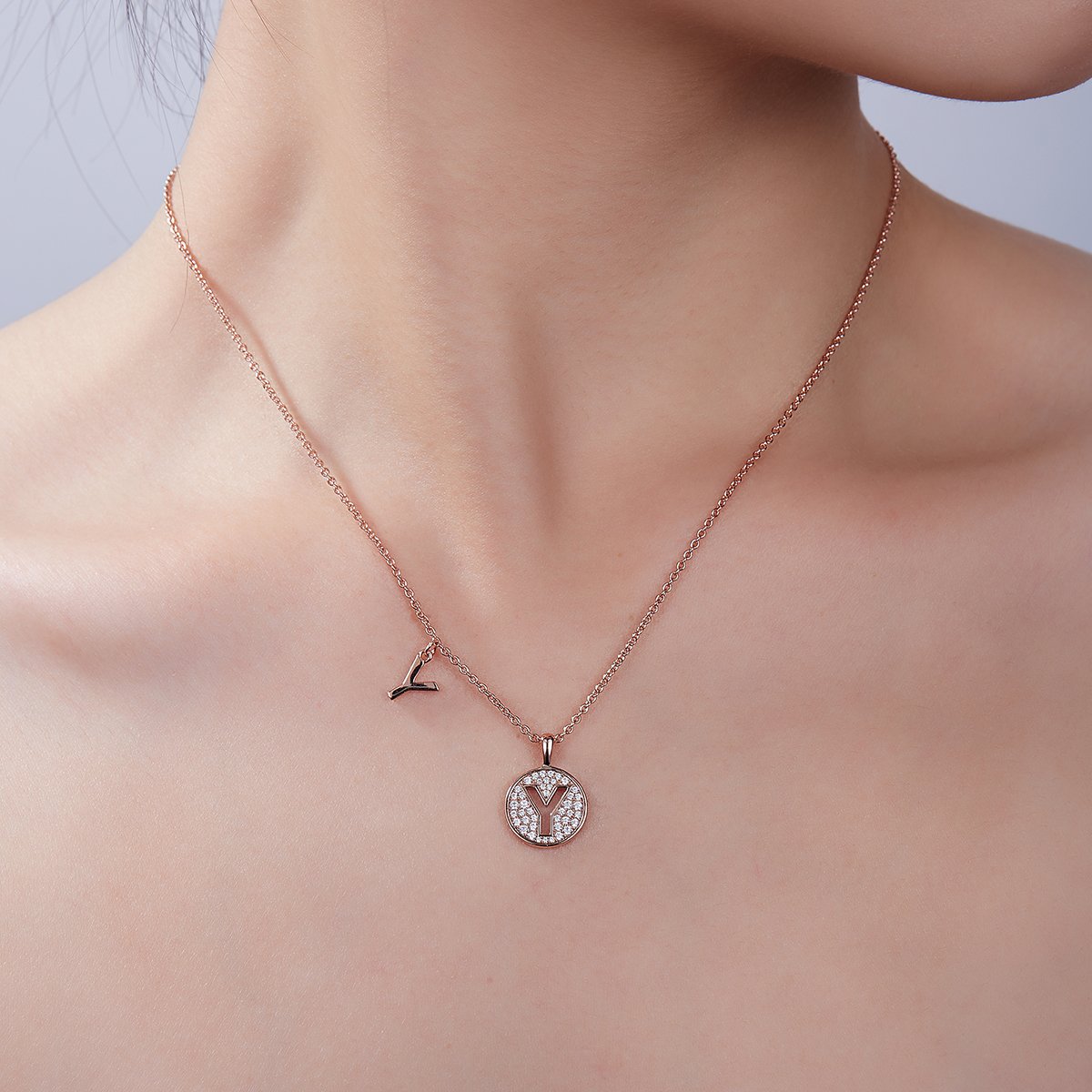 Letter Y Pave Disc Moissanite Initial Necklace | Rose Gold 925 Silver - Image 6
