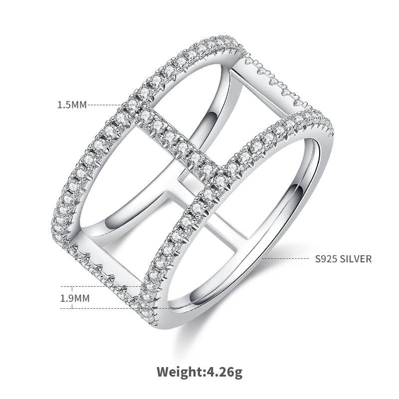 Moissanite I-Beam Guard Ring | Pavé Open-Frame 925 Silver