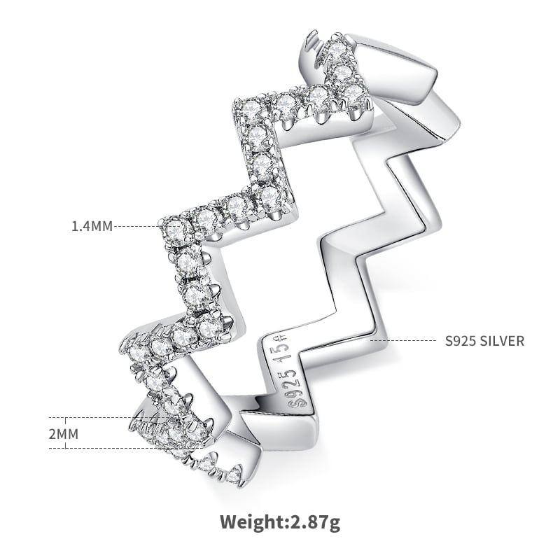 Sawtooth Zigzag Pave Moissanite Band Ring | Stackable 925 Silver