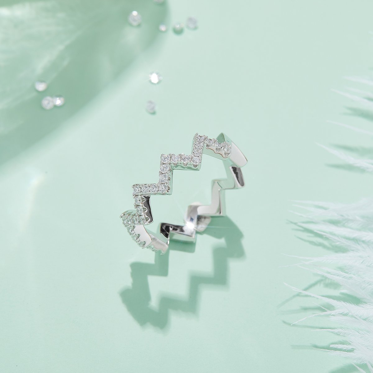 Sawtooth Zigzag Pave Moissanite Band Ring | Stackable 925 Silver - Image 3