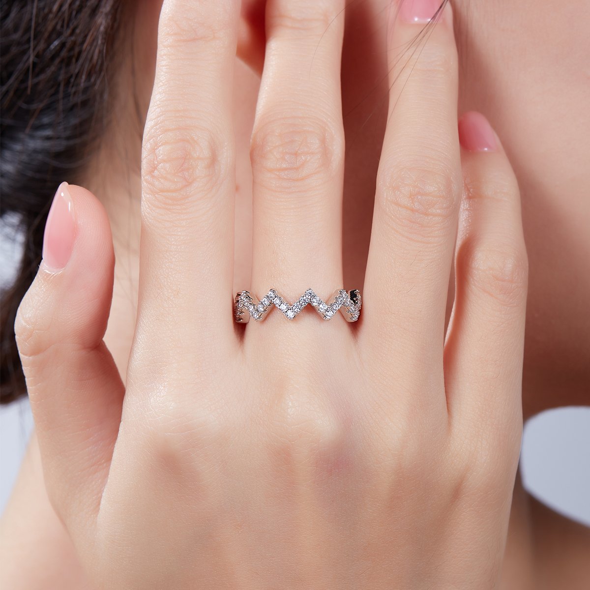 Sawtooth Zigzag Pave Moissanite Band Ring | Stackable 925 Silver - Image 8
