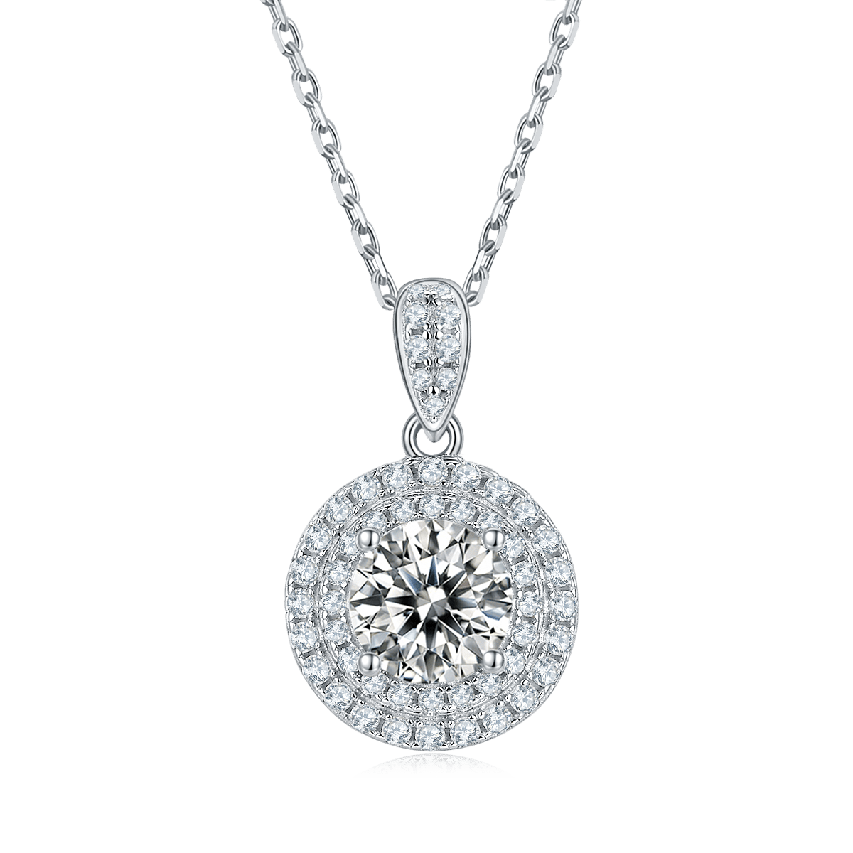 Round Moissanite Double Halo Pendant & Earrings Set - Image 2