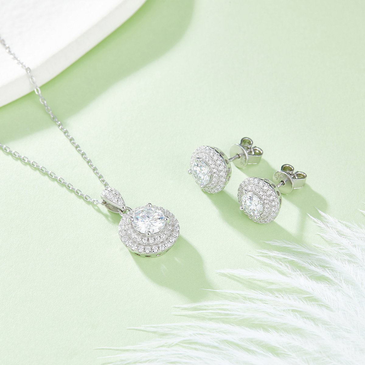 Round Moissanite Double Halo Pendant & Earrings Set - Image 6