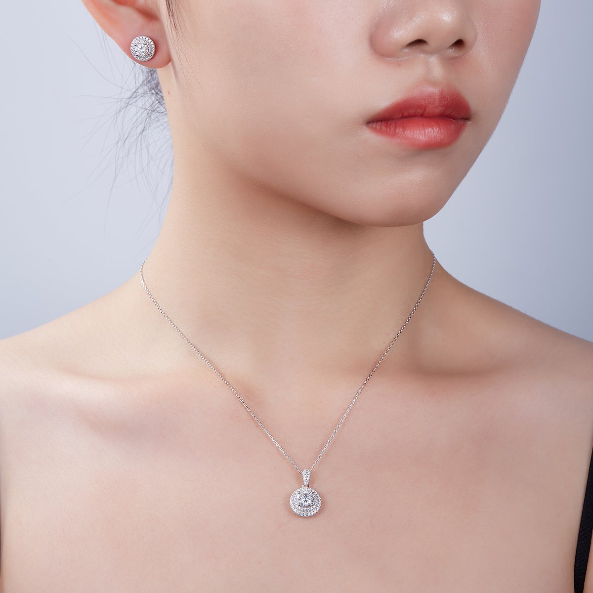 Round Moissanite Double Halo Pendant & Earrings Set - Image 7