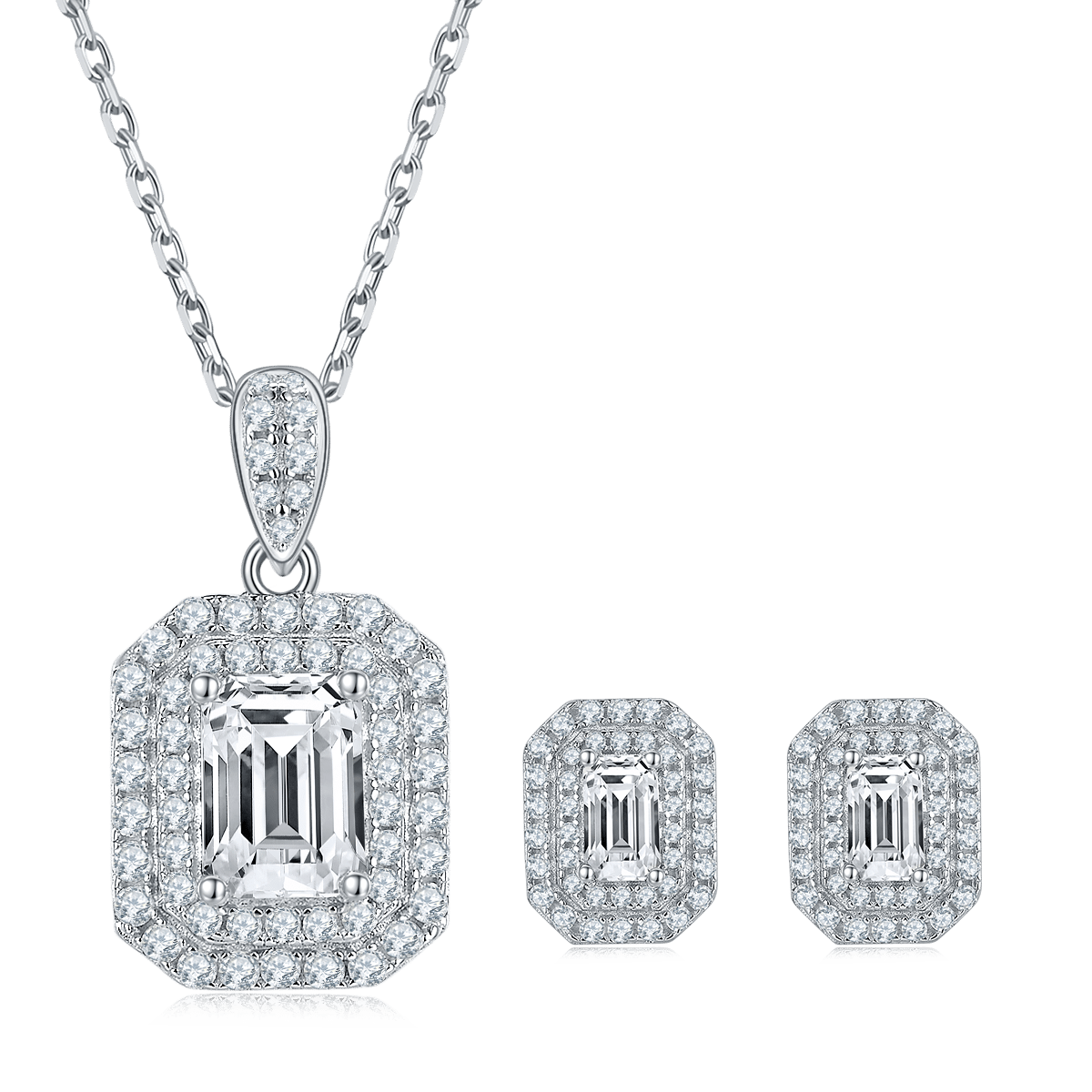 Emerald-Cut Double Halo Moissanite Pendant & Stud Set