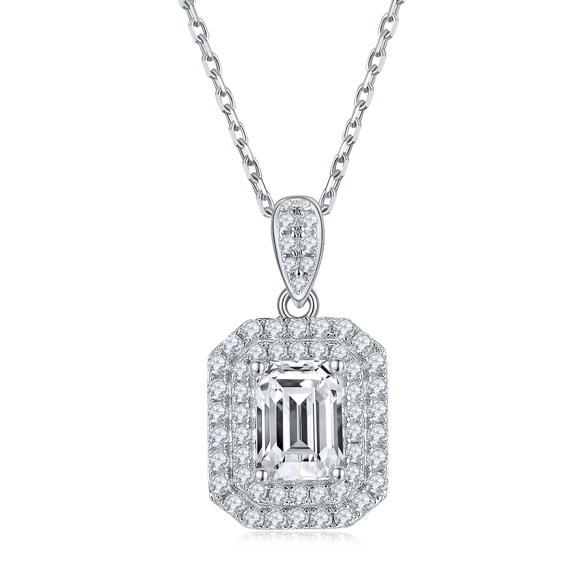 Emerald-Cut Double Halo Moissanite Pendant & Stud Set - Image 2