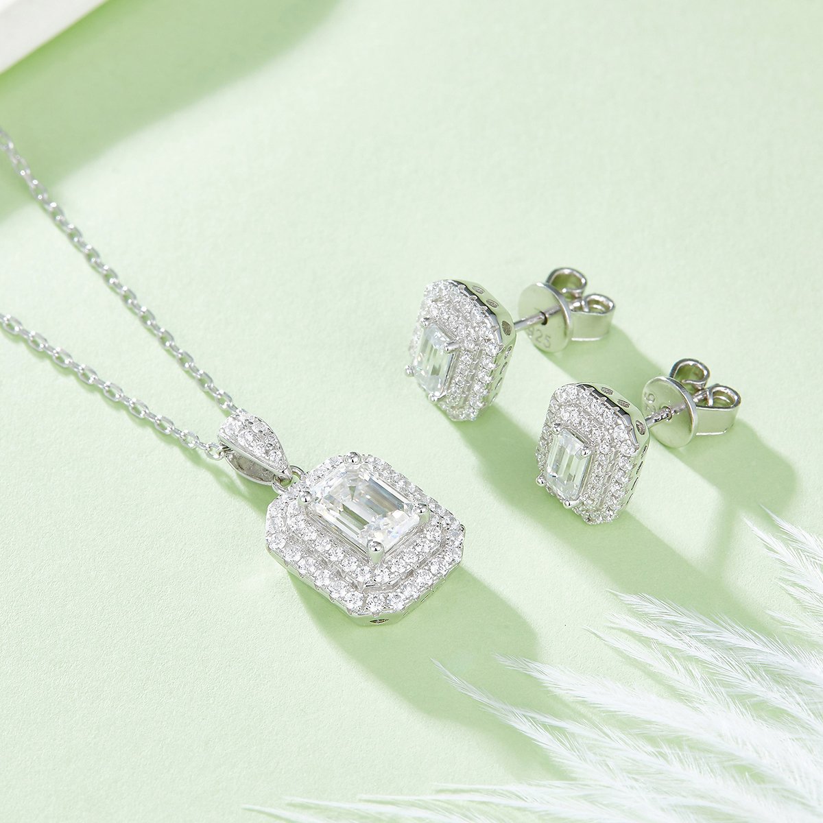 Emerald-Cut Double Halo Moissanite Pendant & Stud Set - Image 4