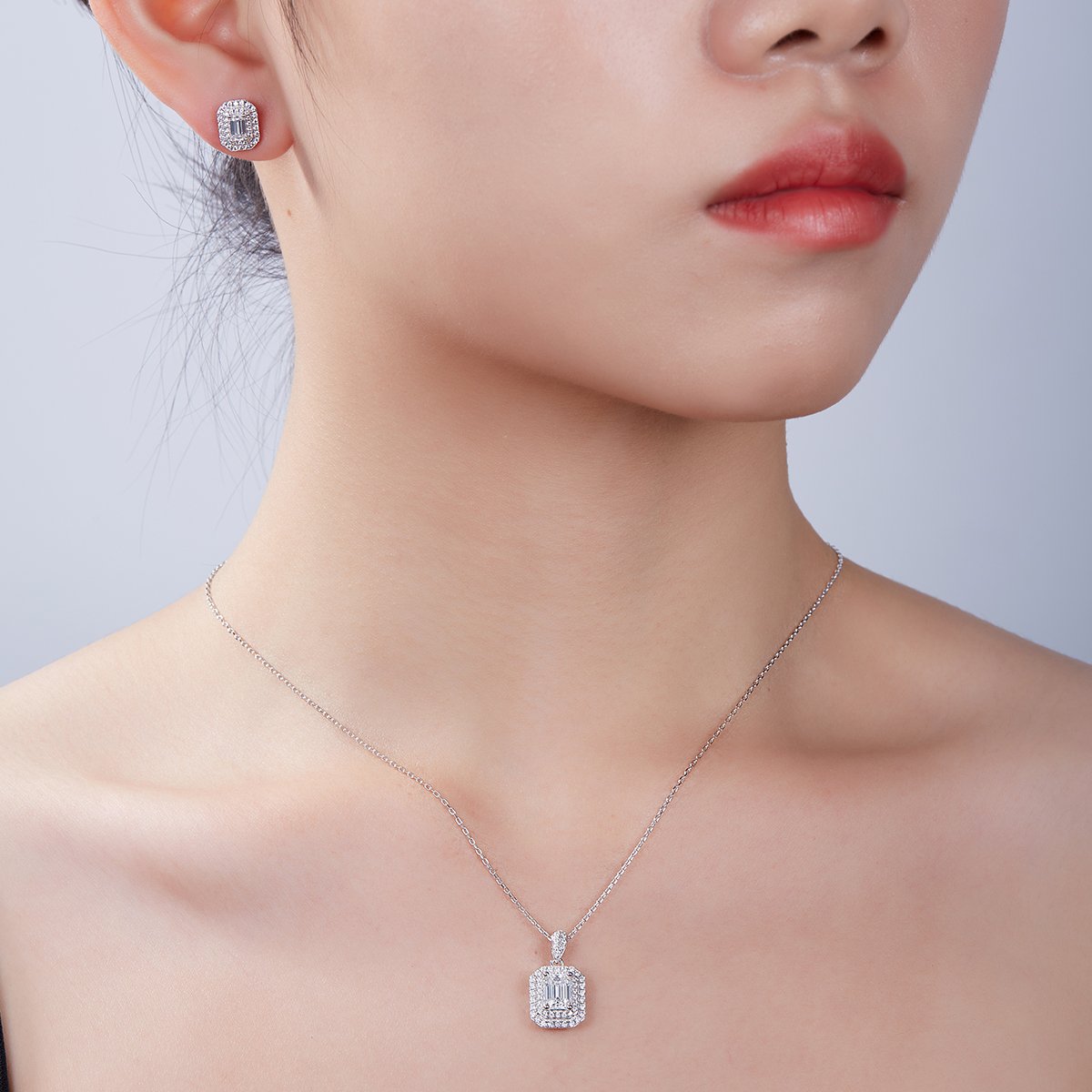 Emerald-Cut Double Halo Moissanite Pendant & Stud Set - Image 7