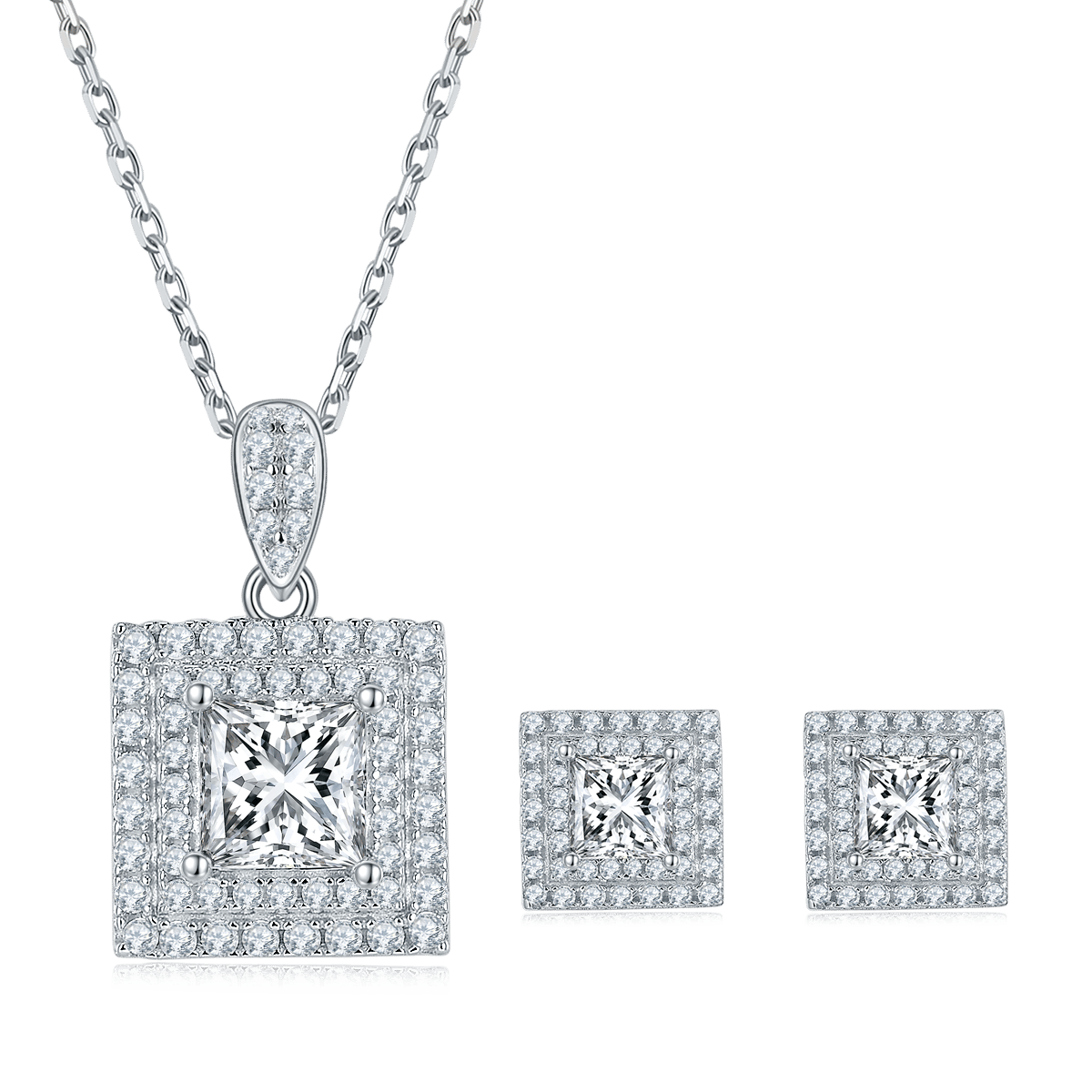 Princess-Cut Double Halo Moissanite Pendant & Stud Set