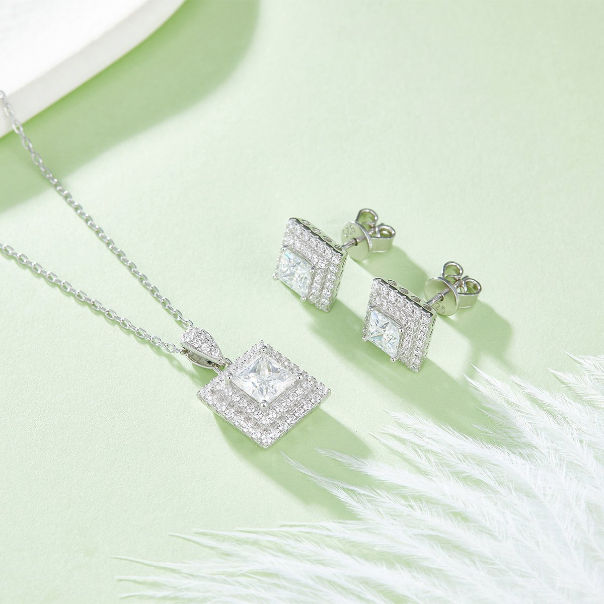 Princess-Cut Double Halo Moissanite Pendant & Stud Set - Image 4