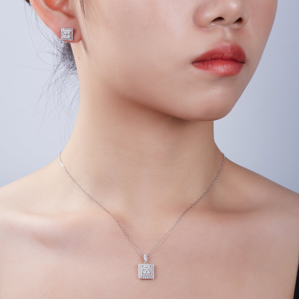 Princess-Cut Double Halo Moissanite Pendant & Stud Set - Image 7